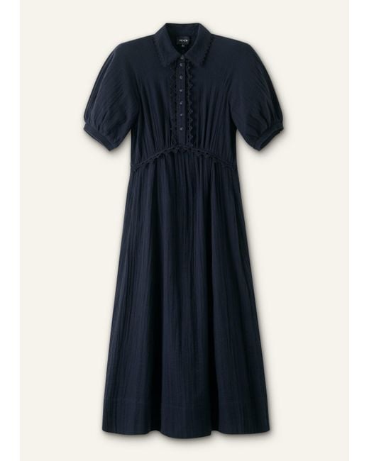 ME+EM Blue Fit & Flare Cheesecloth Intricate Detail Midi Dress