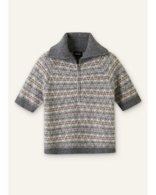 ME+EM Gray Half Zip Jacquard Knit Tee