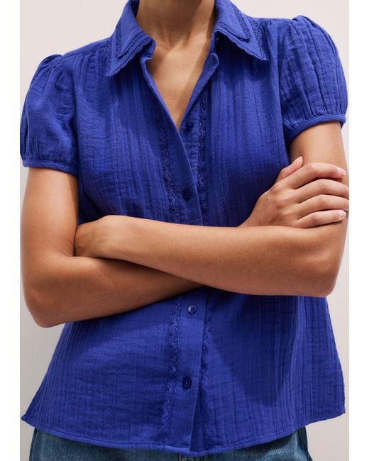 ME+EM Blue Cheesecloth Cap-Sleeve Blouse