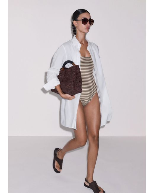 ME+EM Multicolor Microstripe Swimsuit Cinnamon-Cream