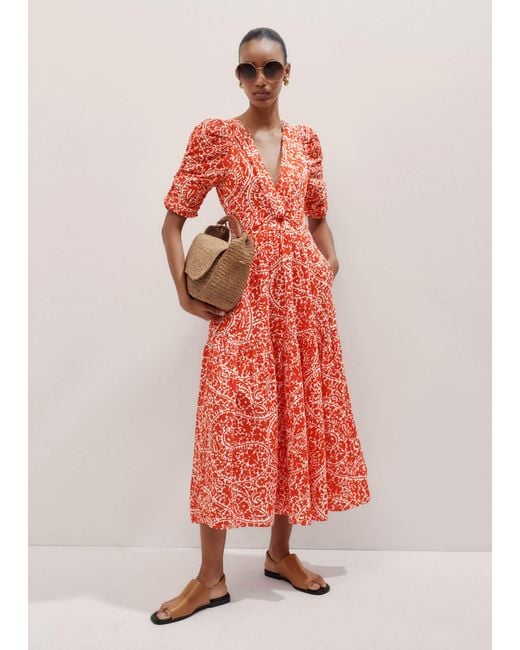 ME+EM Red Cheesecloth Mono Paisley Print Maxi Dress
