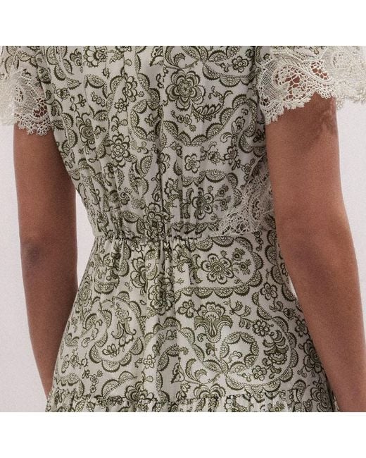 ME+EM Multicolor Silk Cotton Entangled Lace Print Maxi V Neck Dress-Light Cream