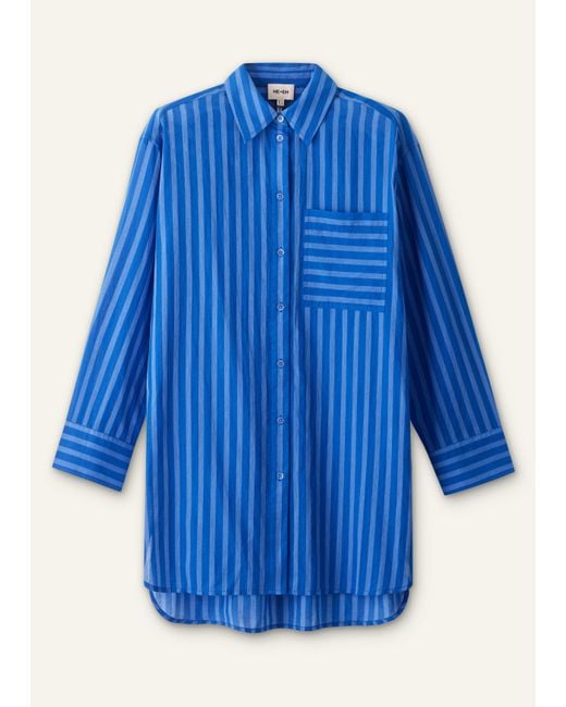 ME+EM Blue Cotton Voile Striped Beach Shirt Intense-Sky