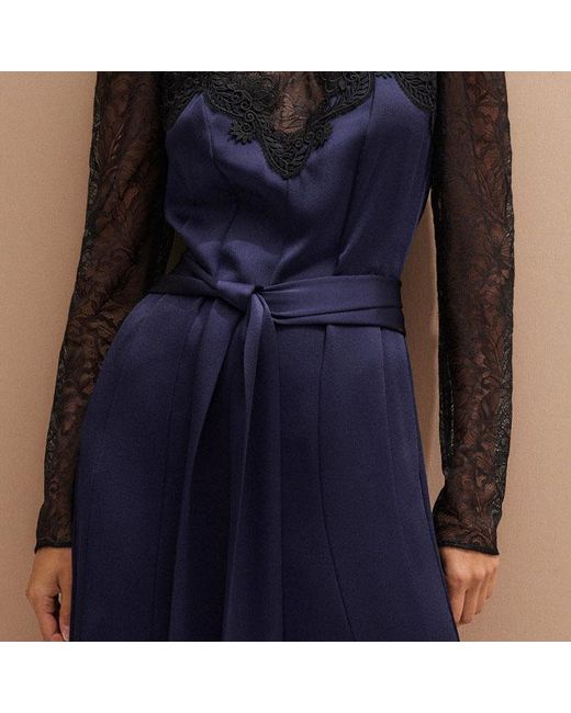 ME+EM Blue Lace + Satin Back Crepe Wideleg Jumpsuit + Belt