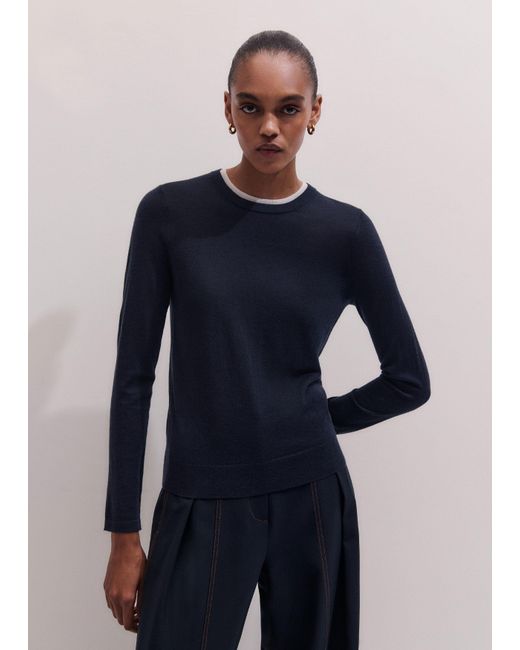 ME+EM Blue Merino Cashmere Barely There Trim Jumper Soft