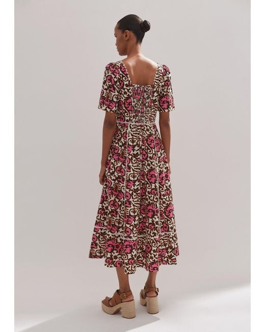 ME+EM Pink Linen-blend Baroque Print Midi Dress