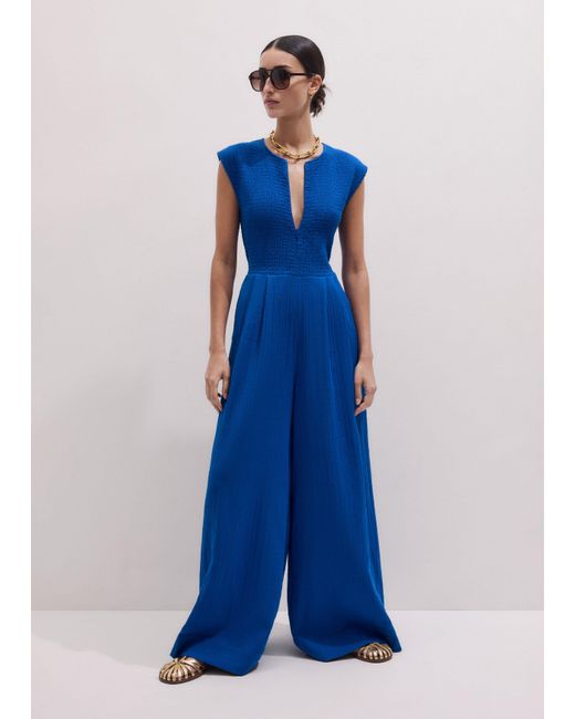 ME+EM Blue Cheesecloth Smocked Bodice Wide Leg Jumpsuit + Belt