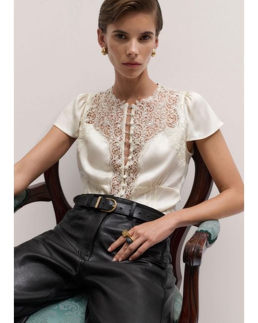 ME+EM Natural Silk Satin And Lace Cap Sleeve Top