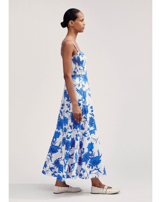 ME+EM Blue Cotton Scribbled Flower Print Maxi Dress