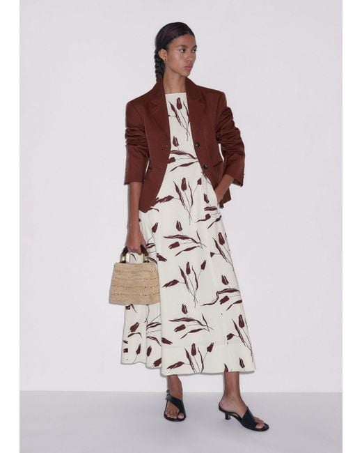 ME+EM White Crease-Less Linen Modern Tulips Print Maxi Dress Light Cream