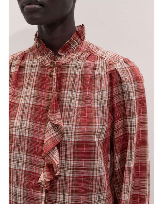 ME+EM Red Cotton Voile Check Long Sleeve Blouse + Tie