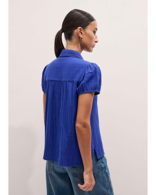 ME+EM Blue Cheesecloth Cap-Sleeve Blouse