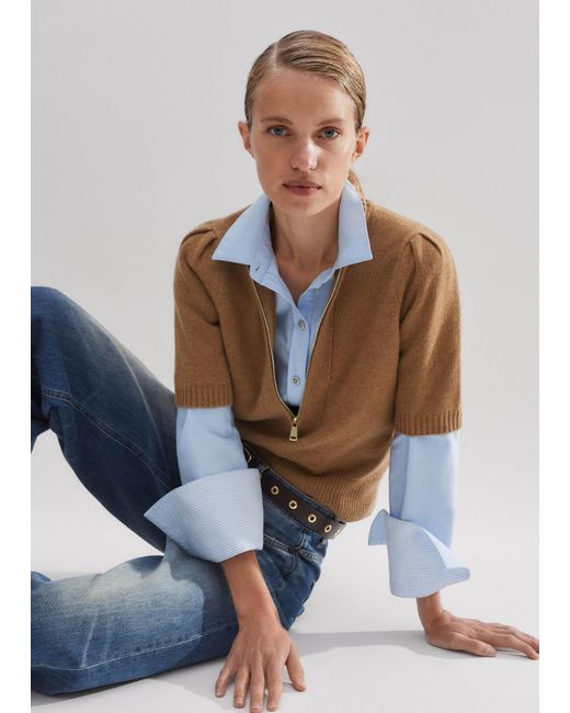ME+EM Blue Cashmere Zip Neck Pouf Sleeve Tee