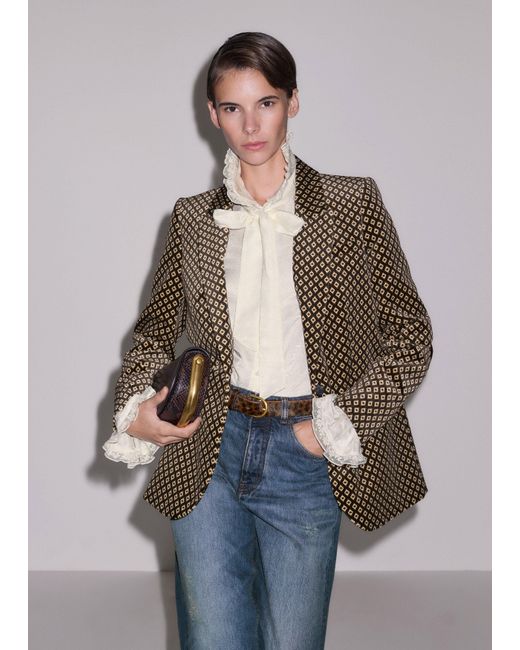 ME+EM Natural Fluid Jacquard And Lace Trim Blouse + Tie