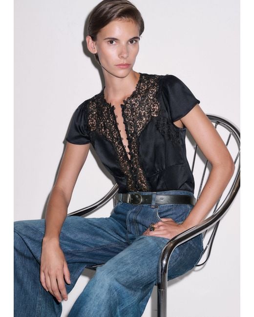 ME+EM Black Silk Satin And Lace Cap Sleeve Top