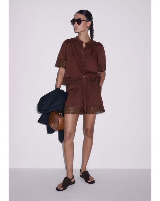 ME+EM Brown Cotton Lace Trim Cropped Top
