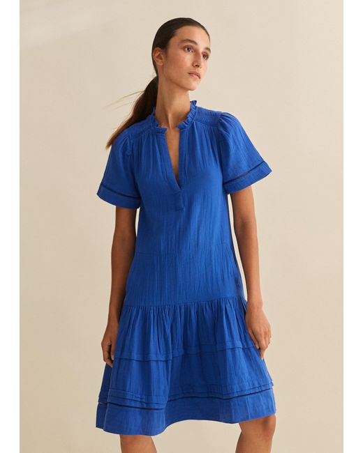 ME+EM Blue Cheesecloth Pleat Detail Swing Dress