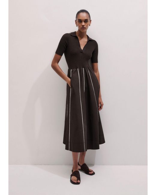 ME+EM Multicolor Mixed Media Fit And Flare Midi Dress + Belt-Light Cream
