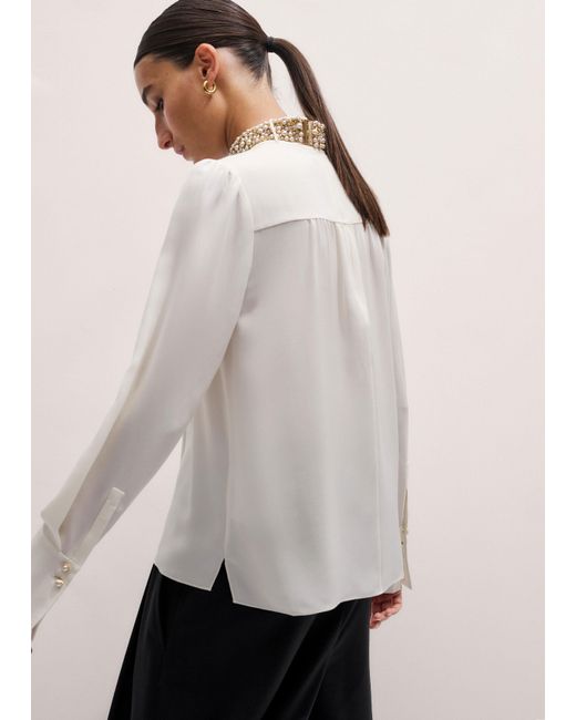 ME+EM Natural Silk Am-Pm High Neck Top + Embellished Collar