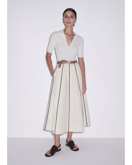 ME+EM Multicolor Mixed Media Fit And Flare Midi Dress + Belt Light Cream