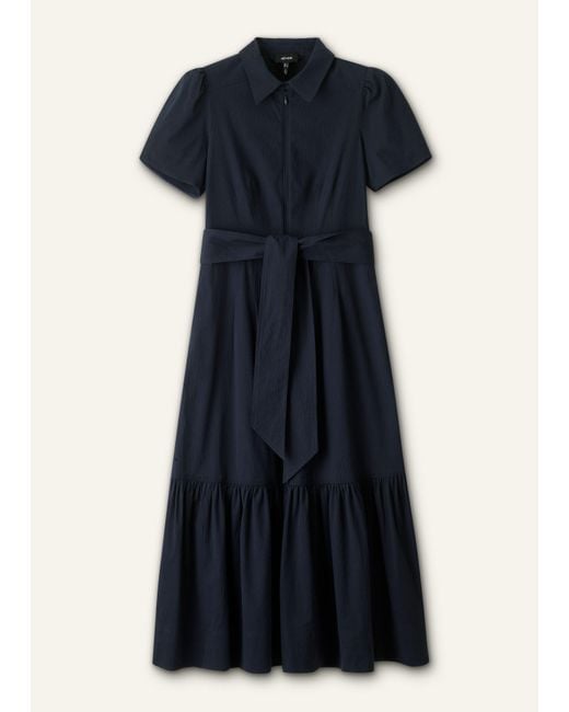 ME+EM Blue Fit And Flare Cotton Seersucker Midi Dress + Belt