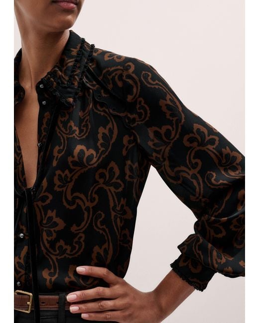 ME+EM Black Silk Floral Scroll Print Shirt + Tie
