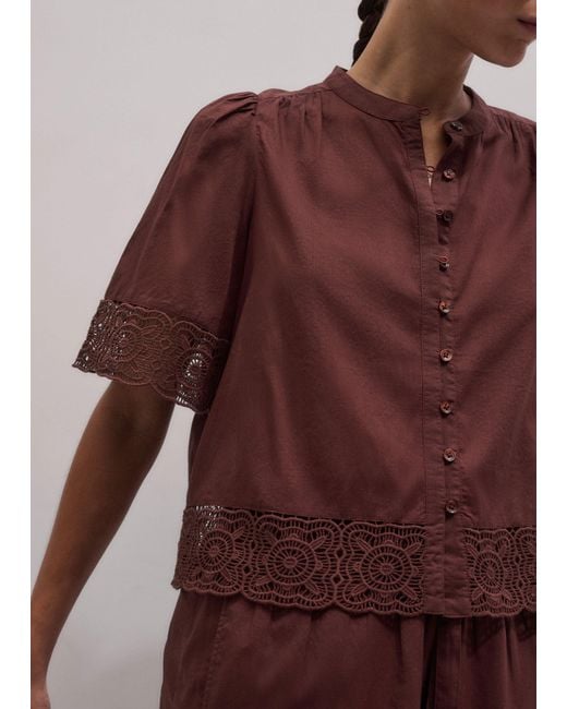 ME+EM Brown Cotton Lace Trim Cropped Top