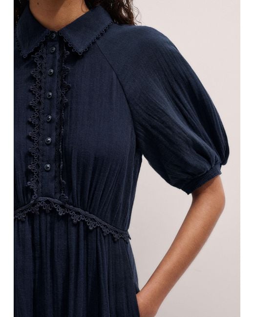 ME+EM Blue Fit & Flare Cheesecloth Intricate Detail Midi Dress