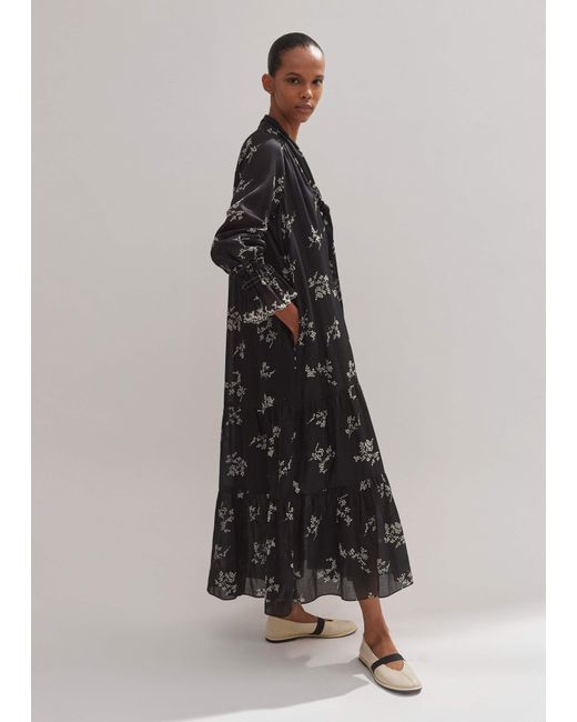 ME+EM Black Silk Organza Cherry Blossom Print Maxi Dress/Light Cream