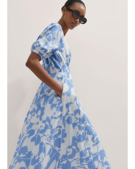 ME+EM Blue Cheesecloth Tulip Print Midi Dress