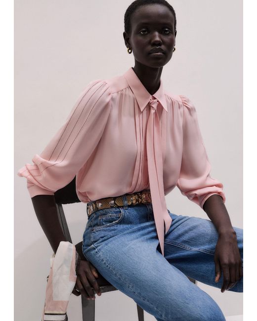 ME+EM Pink Silk Feminine Embroidered Straight Blouse + Tie