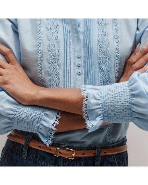 ME+EM Blue Silk Cotton Lace Trim Straight Blouse