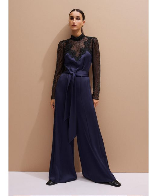 ME+EM Blue Lace + Satin Back Crepe Wideleg Jumpsuit + Belt
