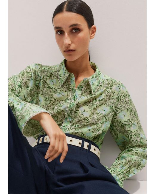 ME+EM Green Silk Cotton Entangled Blooms Print Blouse
