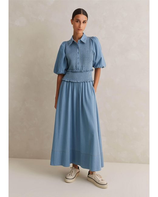 ME+EM Blue Chambray Shirred Maxi Shirt Dress