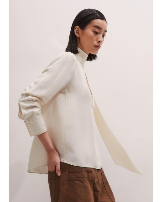 ME+EM Natural Silk Topstitched High Neck Blouse + Tie