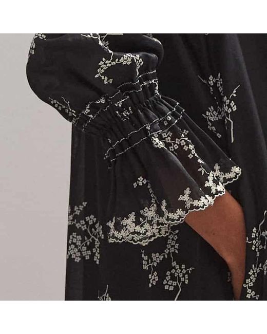 ME+EM Black Silk Organza Cherry Blossom Print Maxi Dress/Light Cream