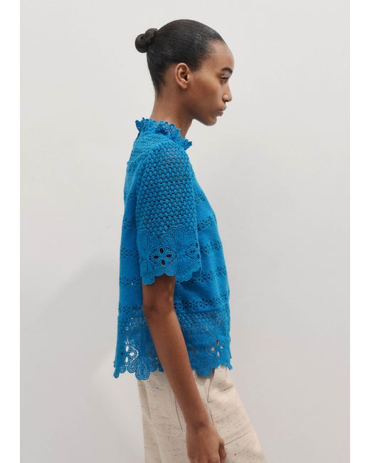 ME+EM Blue Crochet Lace Cotton T-Shirt