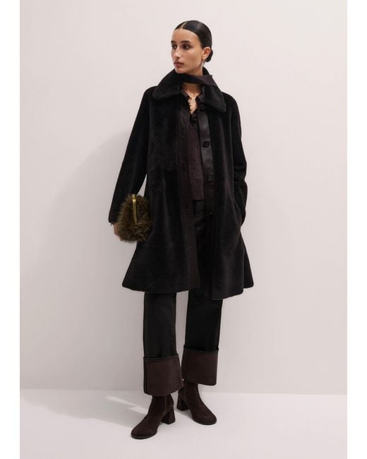 ME+EM Black Luxe Shearling Leather Mix Swing Coat