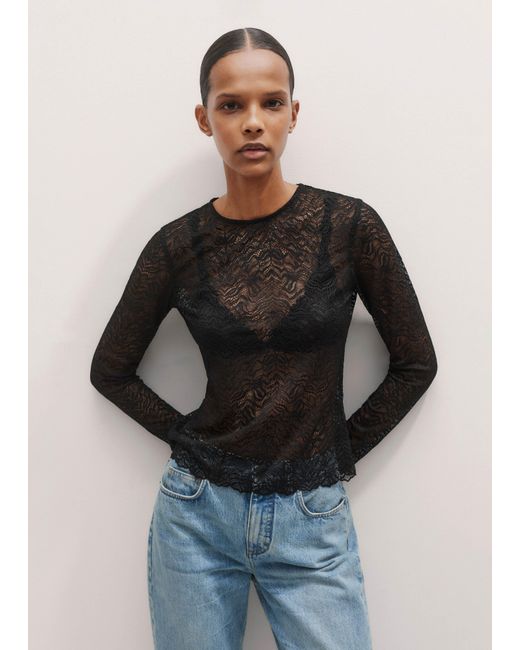 ME+EM Black Lace Crew Neck Top