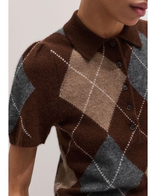 ME+EM Blue Merino Cashmere Silk Argyle Pouf Sleeve Knit Tee
