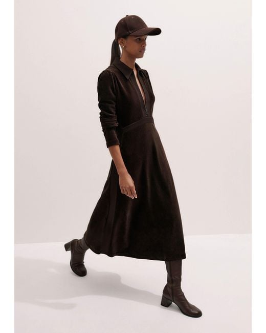 ME+EM Black Ponte Collared Cord Velour Midi Dress