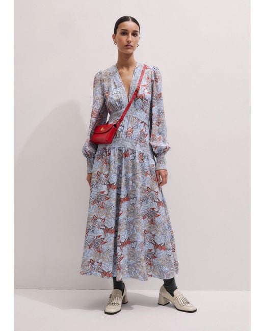 ME+EM White Silk Delicate Paisley Print Fit And Flare Maxi Dress/Multi