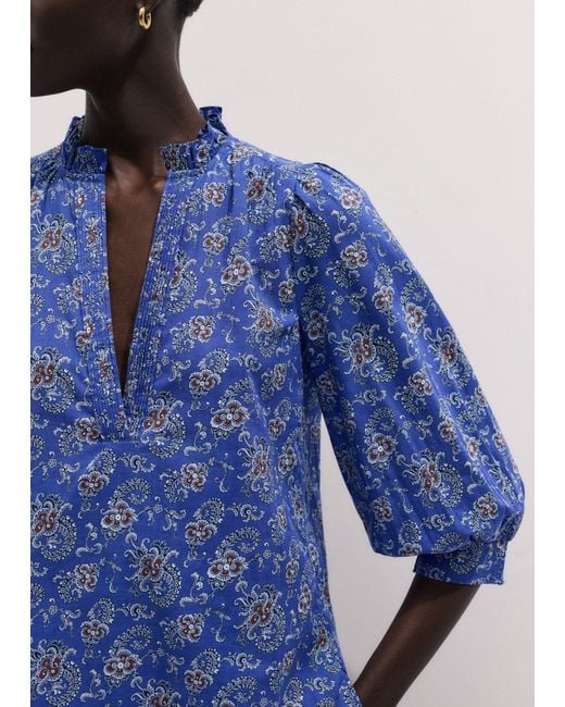 ME+EM Blue Gilded Paisley Print Straight Blouse