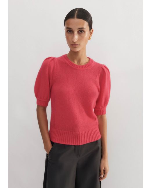 ME+EM Red Merino Cashmere Silk Pouf Sleeve Sweater