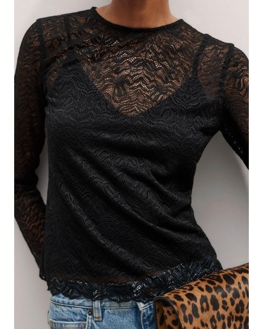 ME+EM Black Lace Crew Neck Top