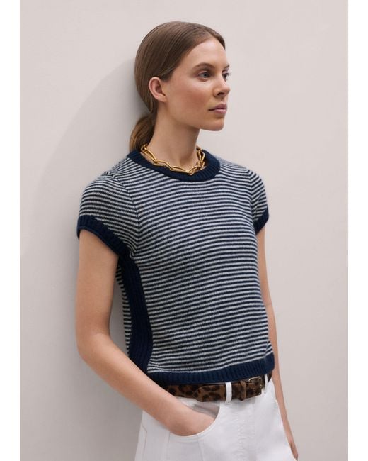ME+EM Blue Merino Cashmere Silk Stripe Straight Baby Tee-Cream