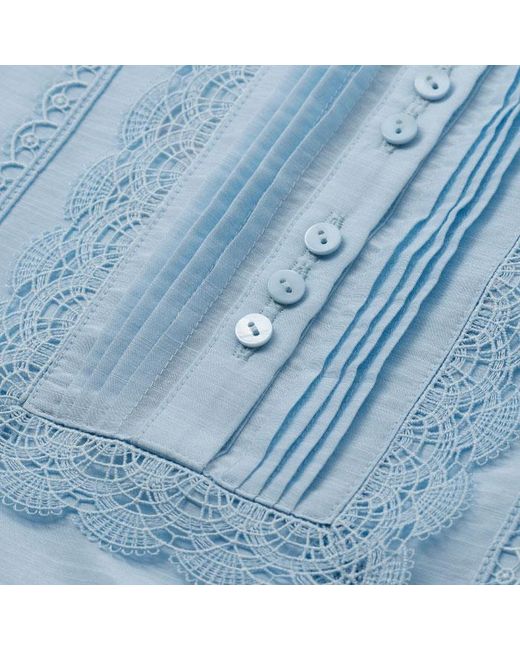 ME+EM Blue Silk Cotton Lace Trim Straight Blouse