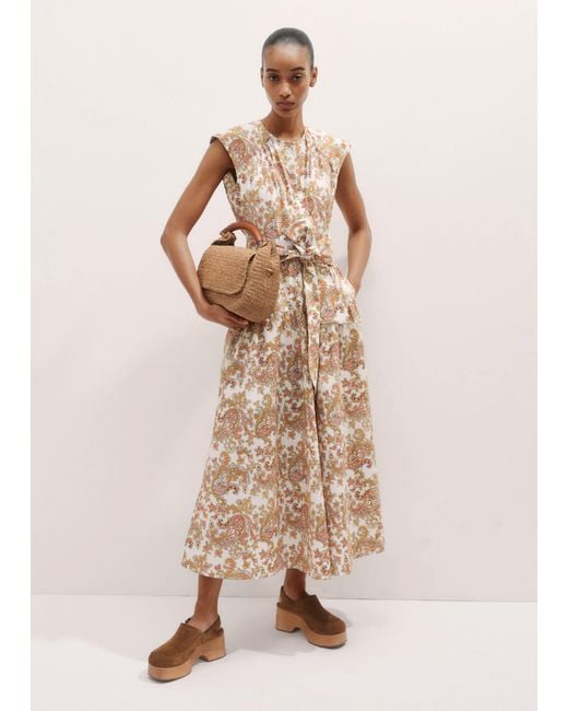 ME+EM Blue Cotton Poplin Geo Paisley Print Maxi Dress + Belt