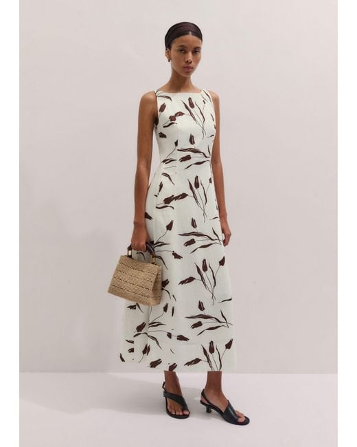 ME+EM White Crease-Less Linen Modern Tulips Print Maxi Dress Light Cream